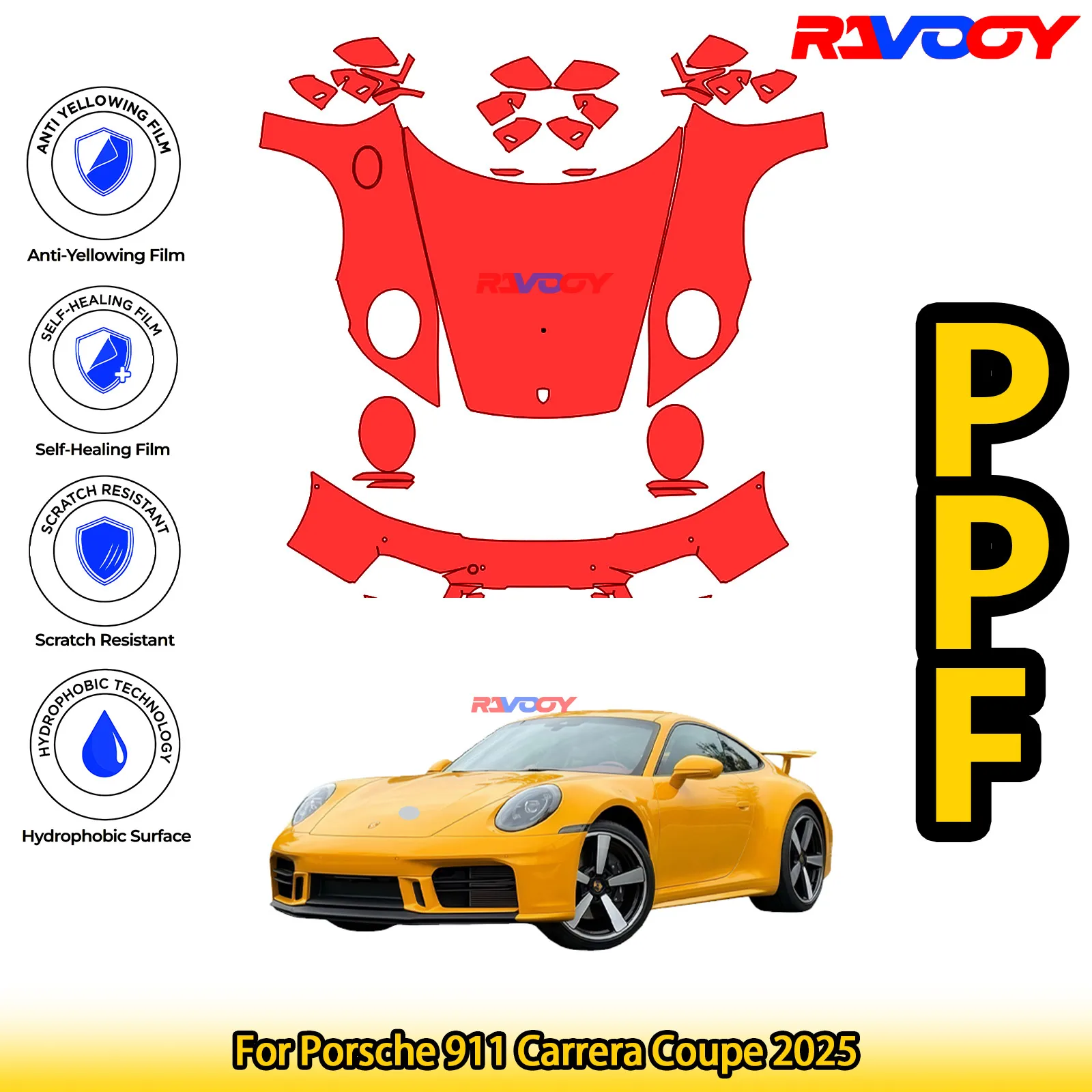 

For Porsche 911 Carrera Coupe 2025 Glossy Matte Black Precut front PPF Kit Paint Protection Film