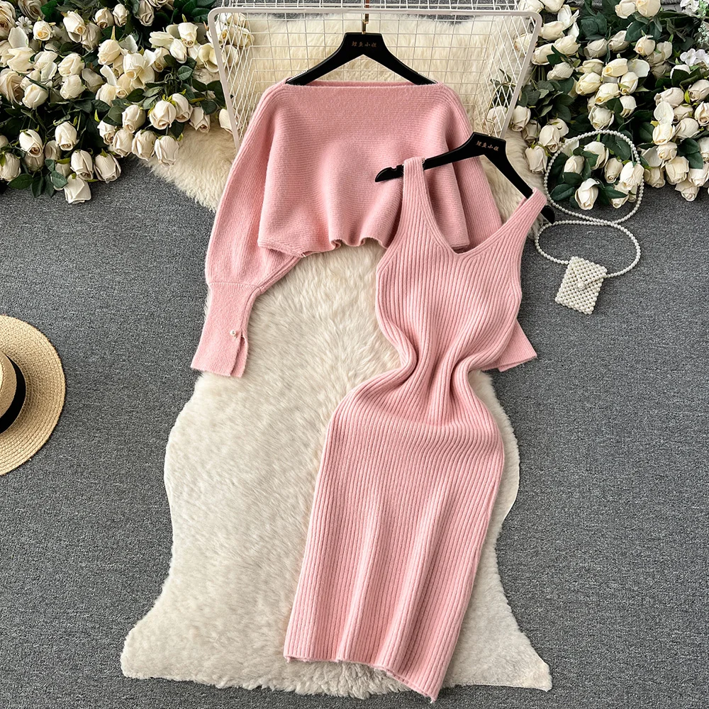 Croysier Knitted Matching Sets Women Batwing Long Sleeve Cropped Sweater Pullover And Ribbed Bodycon Midi Dress Two Piece Set