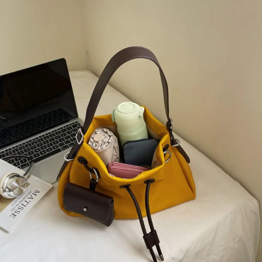 Cute Korean Style Drawstring Bucket Bag Cylindrical Handbag Pu Shoulder Bag Handheld Solid Color Crossbody Bag Office Worker