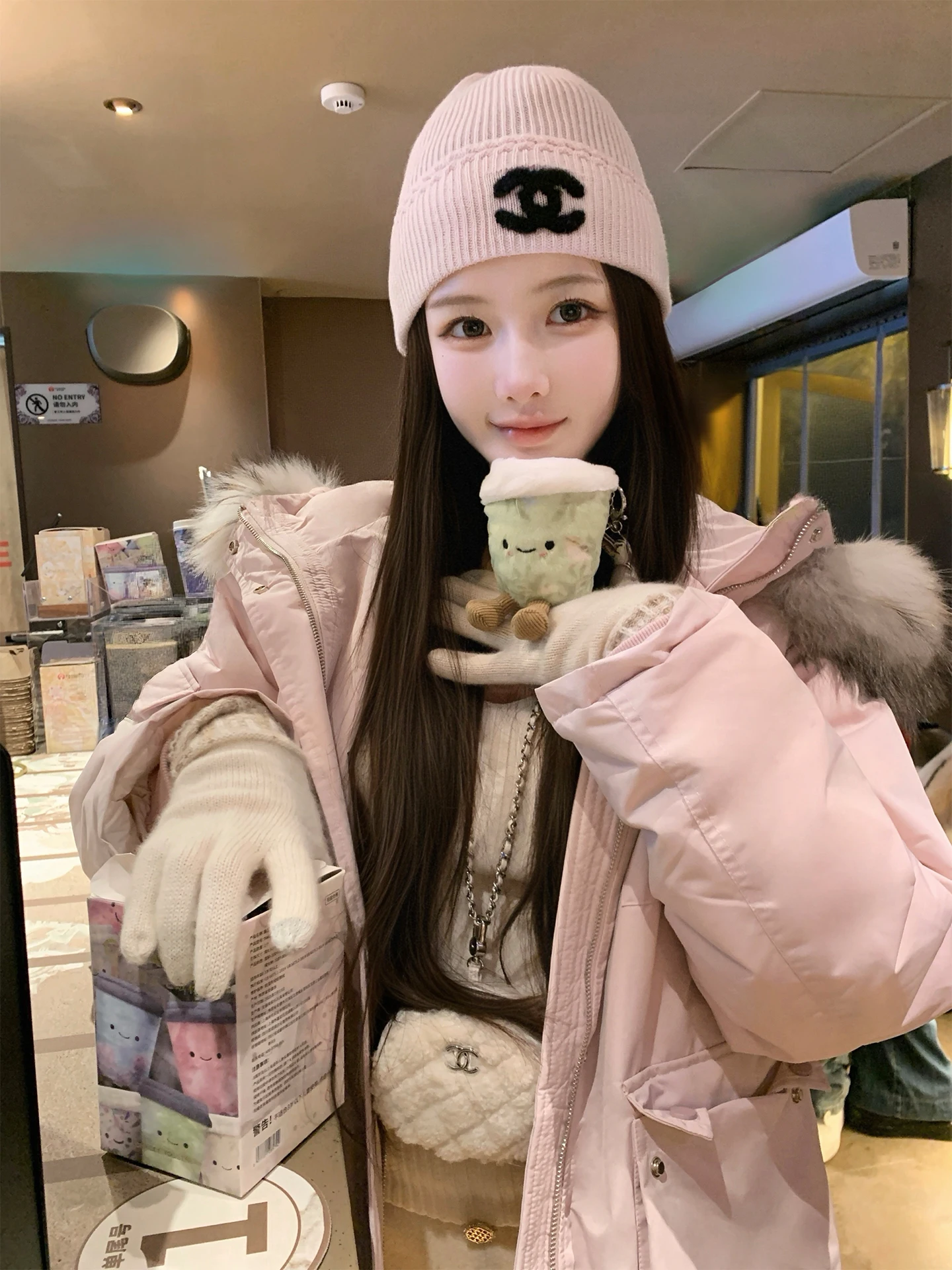 

Bigking Pink Hooded down Jaet with Large Fur Collar Workwear Sle Parka Coat Sweet Sle Thiened Long Sve Zipper Closure