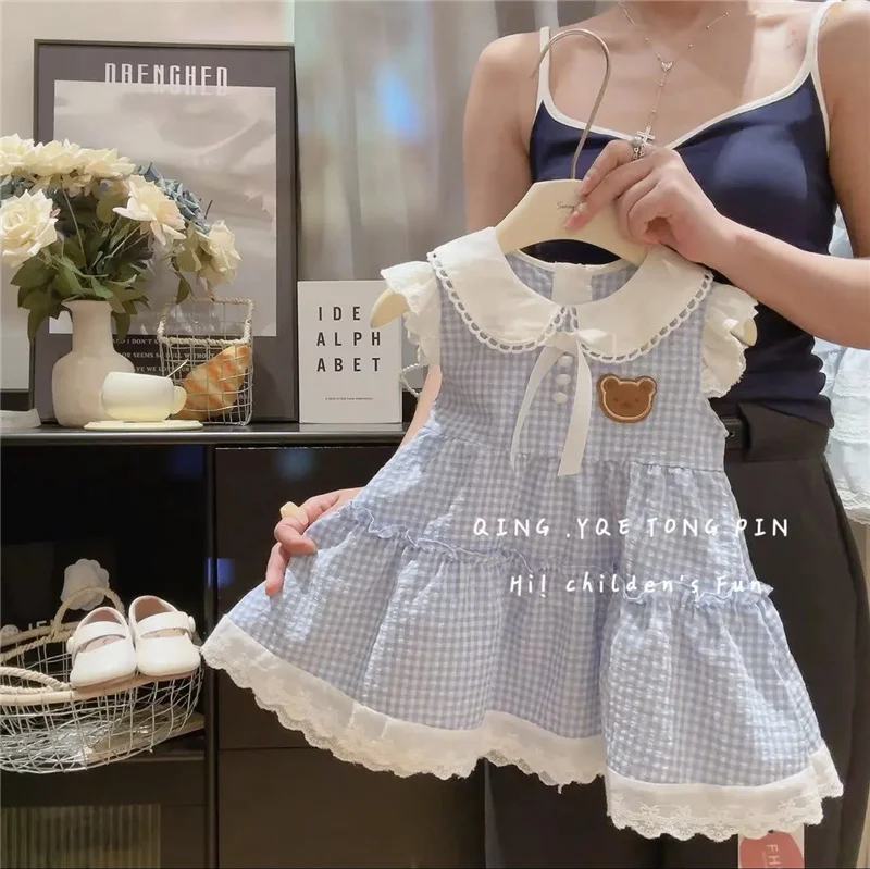 2025 New Plaid Dresses Girls Embroidery Bear Patchwork Lace Loose Robe Dress Kids Sweet Princess Vestidos 2-8 Years