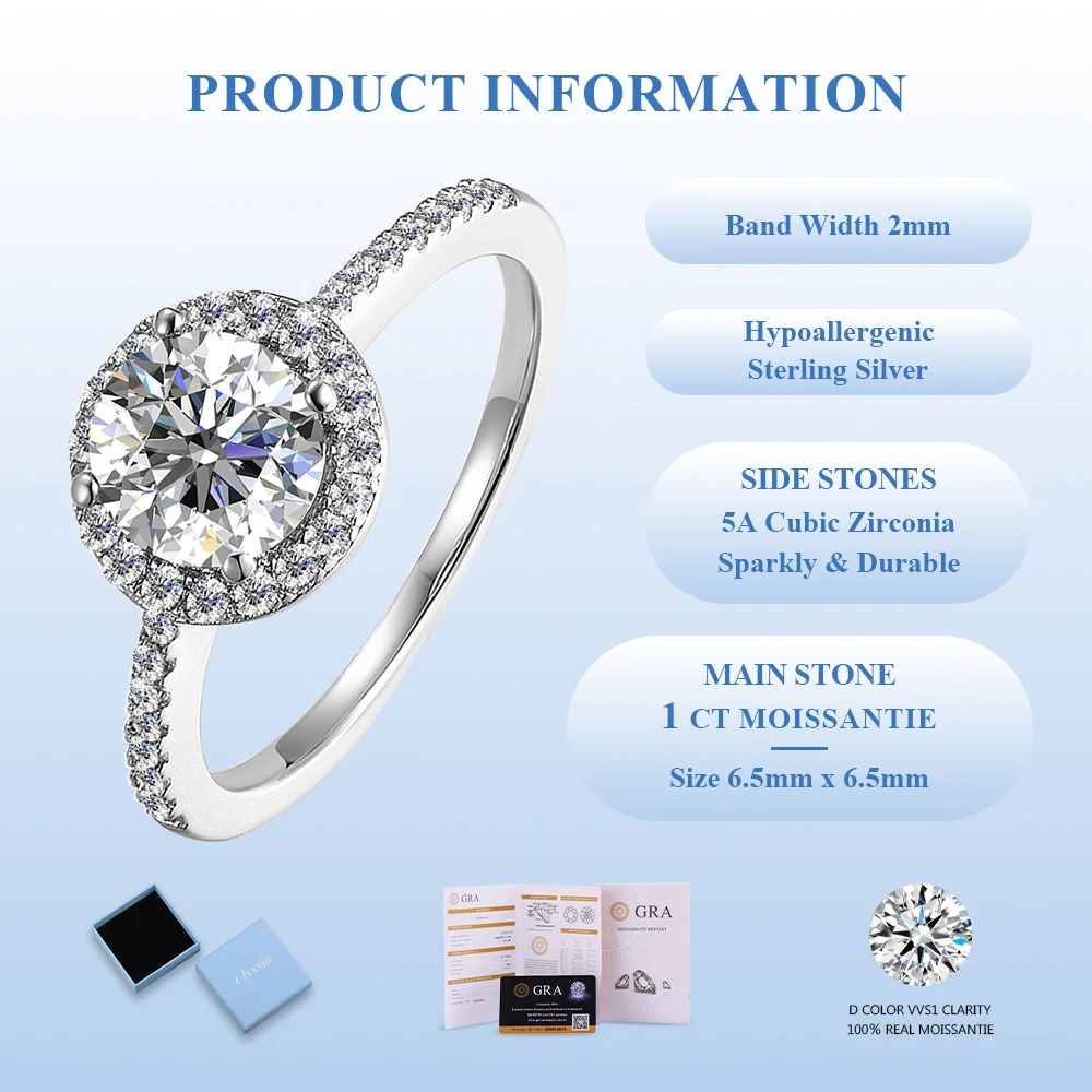 

CLYSSIA Moissanite Ring Lab Grown Diamonds 925 Sterling Silver 18k White Gold Plated Durable Shiny Gift for Her Anniversary