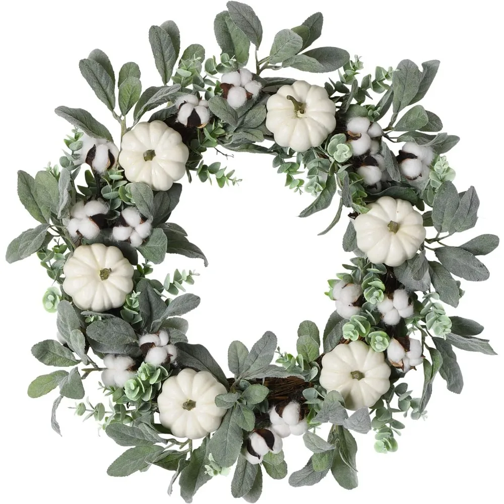 

Harvest Door Wreath, Large Farmhouse Fall Wreath Decor for Front Door with White Pumpkin, Green Lamb's Ear and Eucalyptus Leaves