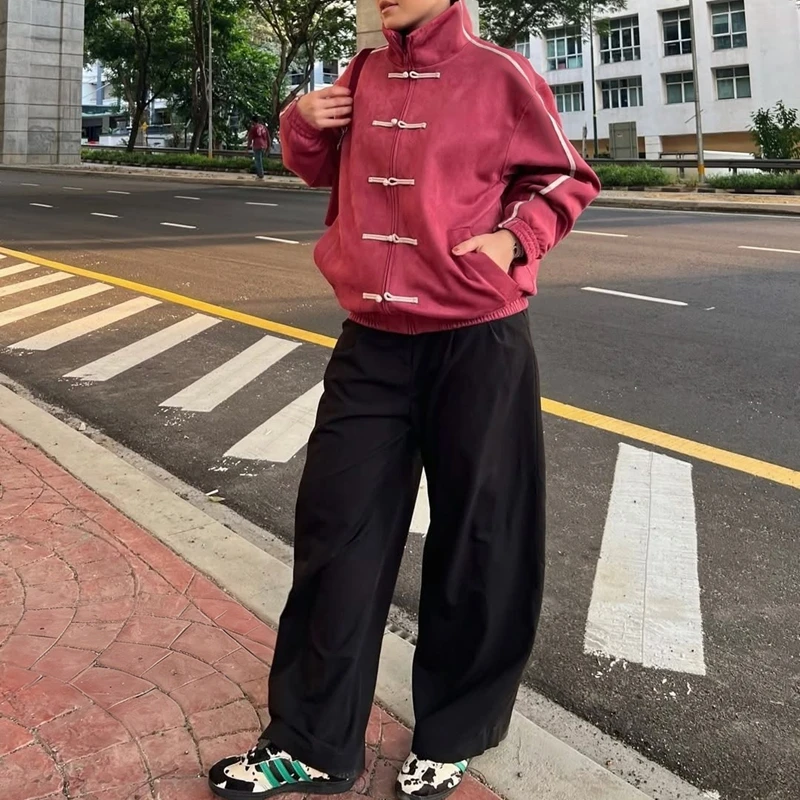 Women's Chinese Frog Button-down Loose Fit Jacket Y2k Vintage Zip Up Sweatshirt Funnel Neck Bomber Jacket Preppy Streetwear