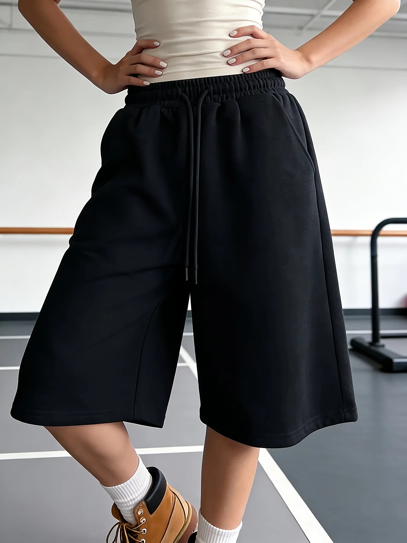 Women'S CASUAL ATHLETIC Shorts Elastic Waist Wide Leg Straight Bermuda Shorts Mid-Length Loose Drawstring Shorts