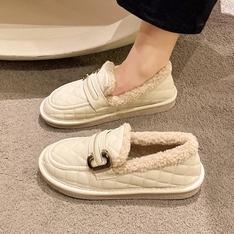 Loafers Fur Shoes Woman 2022 Round Toe Slip-on Casual Female Sneakers Shallow Mouth New Slip On Moccasin Driving Winter Leisure