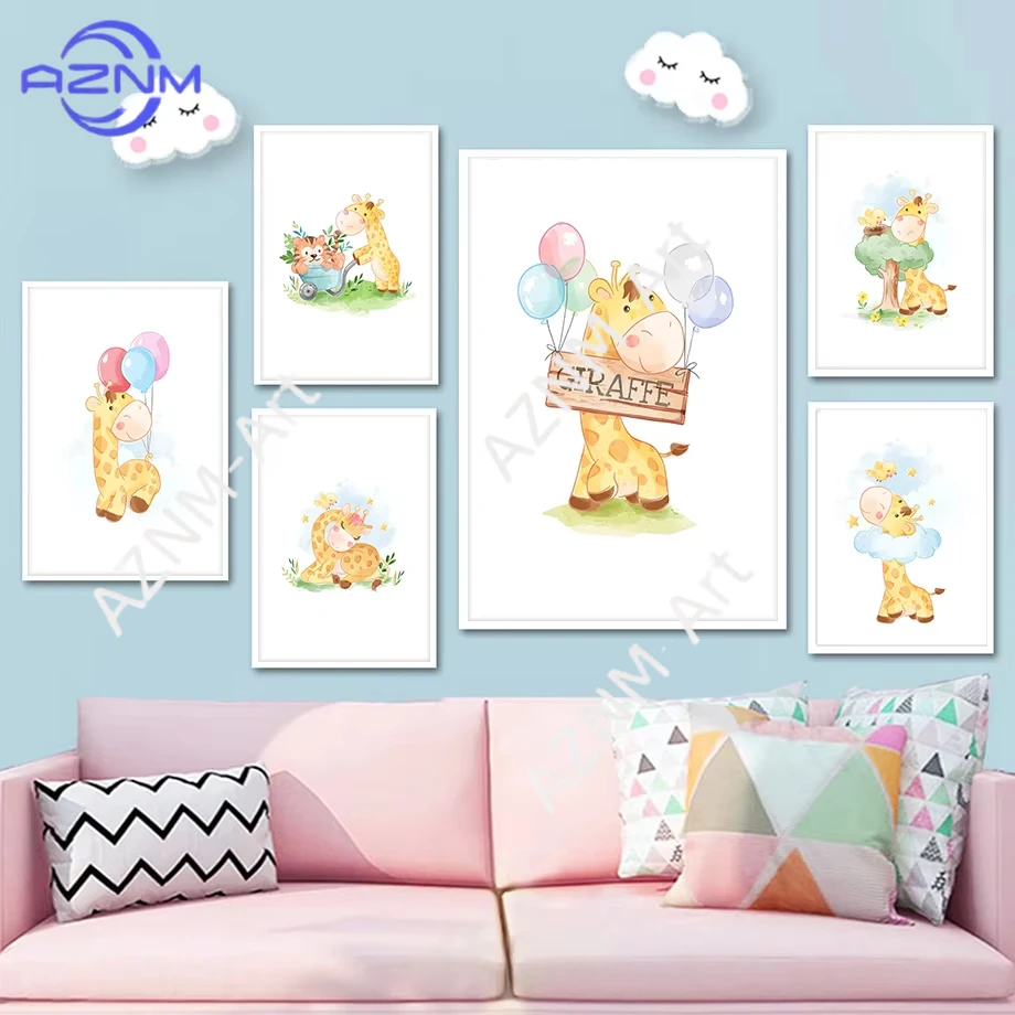 1Pc/6Pcs Cartoon Giraffe Bird Balloons Nursery Wall Art Canvas Painting Nordic Posters And Prints Wall Baby Kids Room Decor