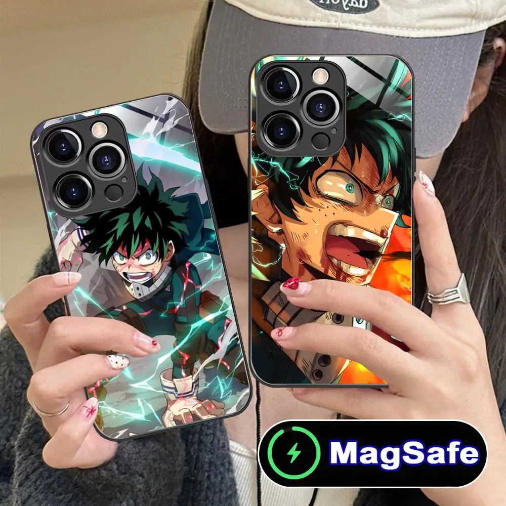 حافظة هاتف My Hero Academia Izuku Deku لهاتف iPhone 16 15 14 13 12 11 Pro Max Plus Mini MagSafe لون زجاجي واقي للهواتف الذكية