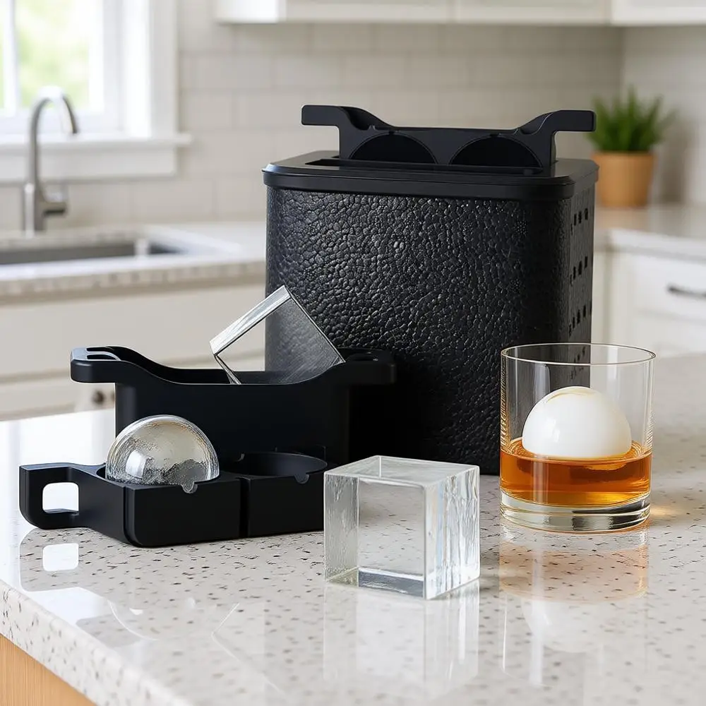 

Форма для льда - 2+2 кристально чистых кубика и шариков льда - Квадратные и круглые ледяные сферы для виски, коктейлей и бурбона (нержавеющая сталь)