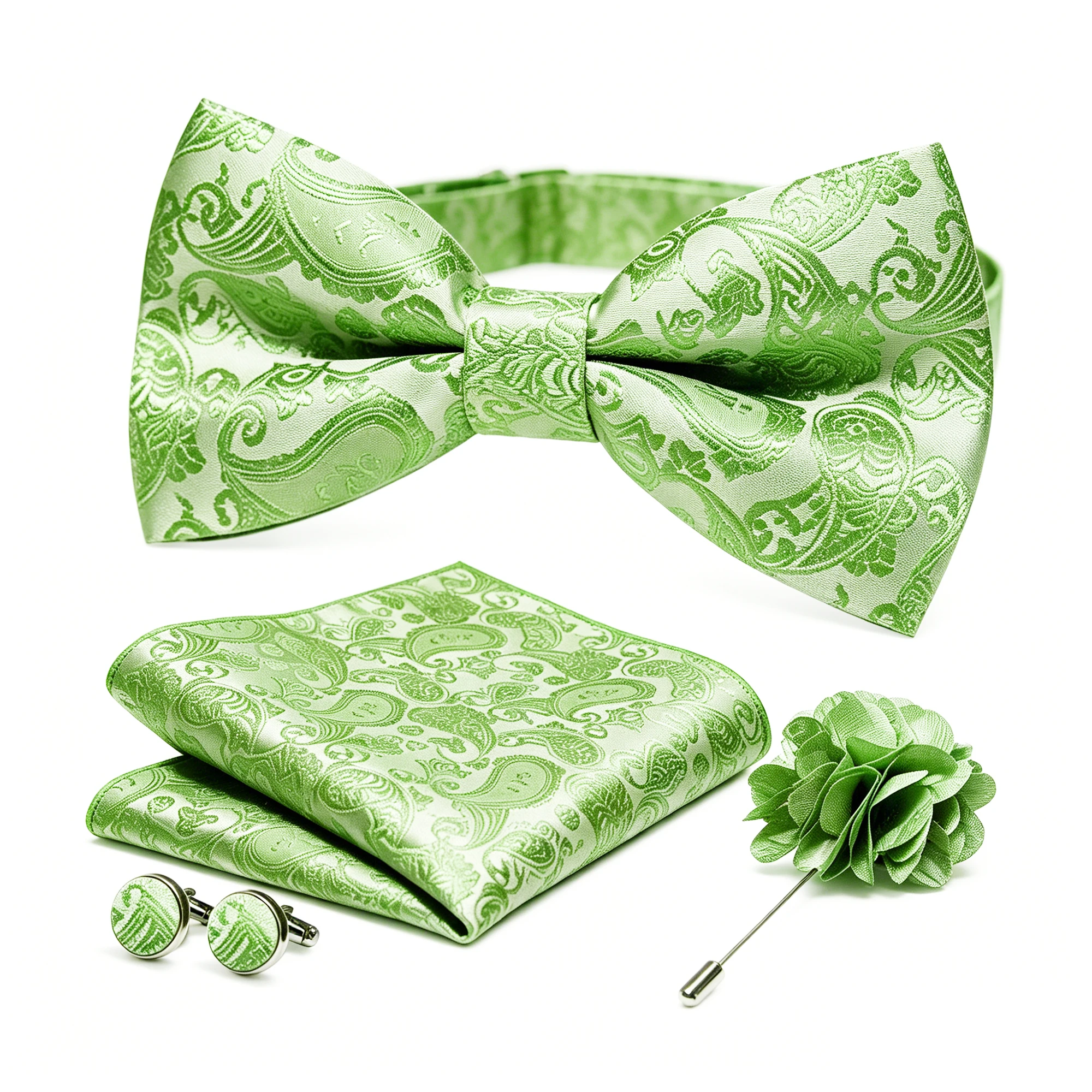 36-teiliges Set: Schwarze Seiden-Jacquard-Paisley Herrenfliege, Brosche, Einstecktuch und Manschettenknöpfe – Vorgebundene Schmetterlingsfliege für Herren, Hochzeit und Business – Detail 19