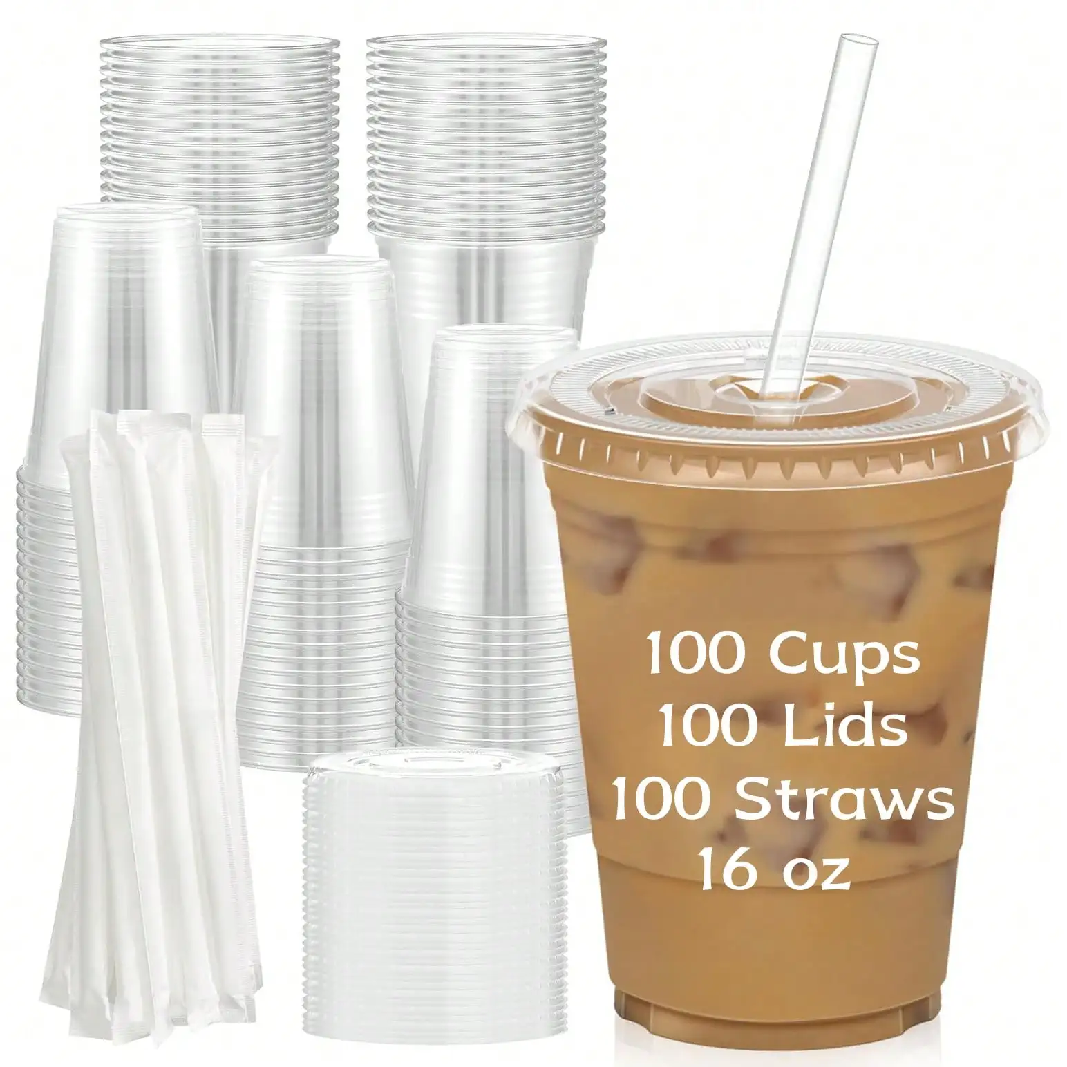 

100PCS 16oz/480ML Disposable Plastic Cups - With Straws/Lids, Transparent for Parties/Weddings/Commercial