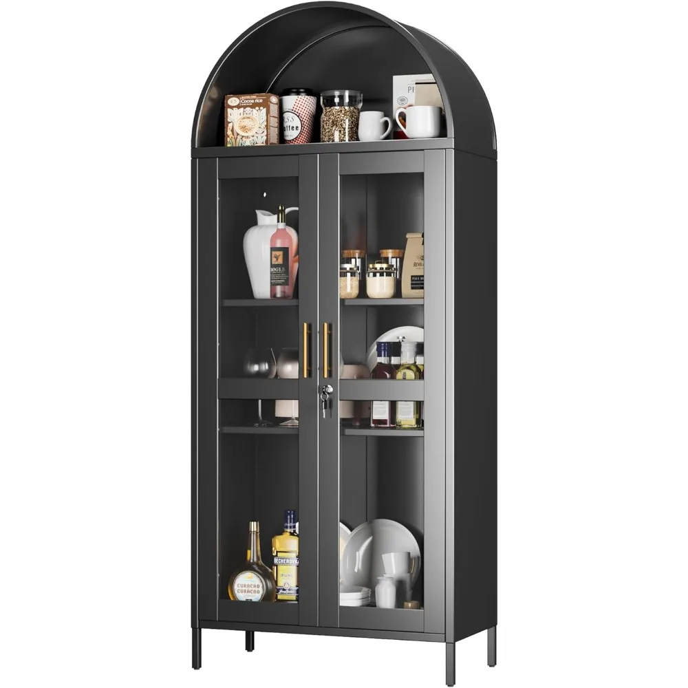 

Metal Arched Cabinet with Lock, Arch Display Bookcase with Glass Doors/Shelves, Modern Freestanding Kitchen Pantry Storage Cabin