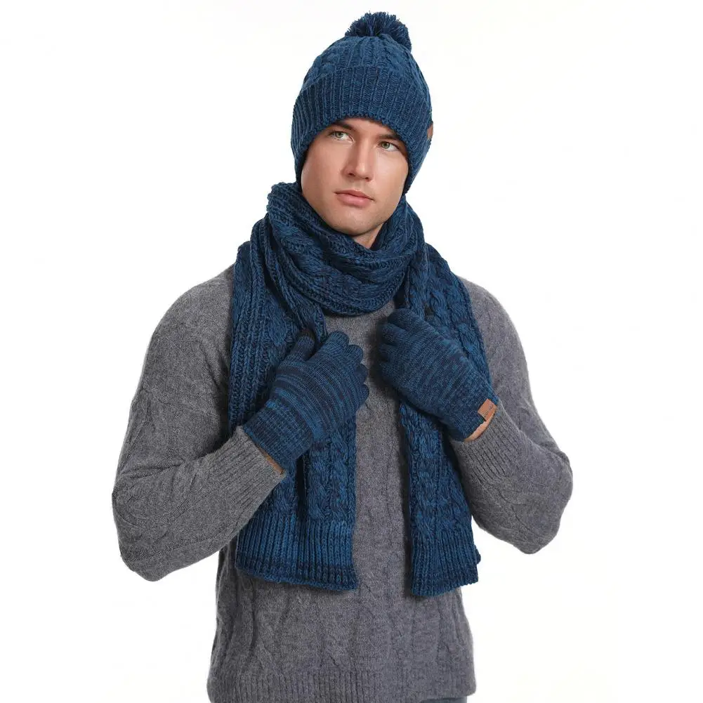 Gorro de punto de acrílico suave para hombre, conjunto de bufanda, guantes de pantalla táctil, deportes al aire libre, esquí, Invierno