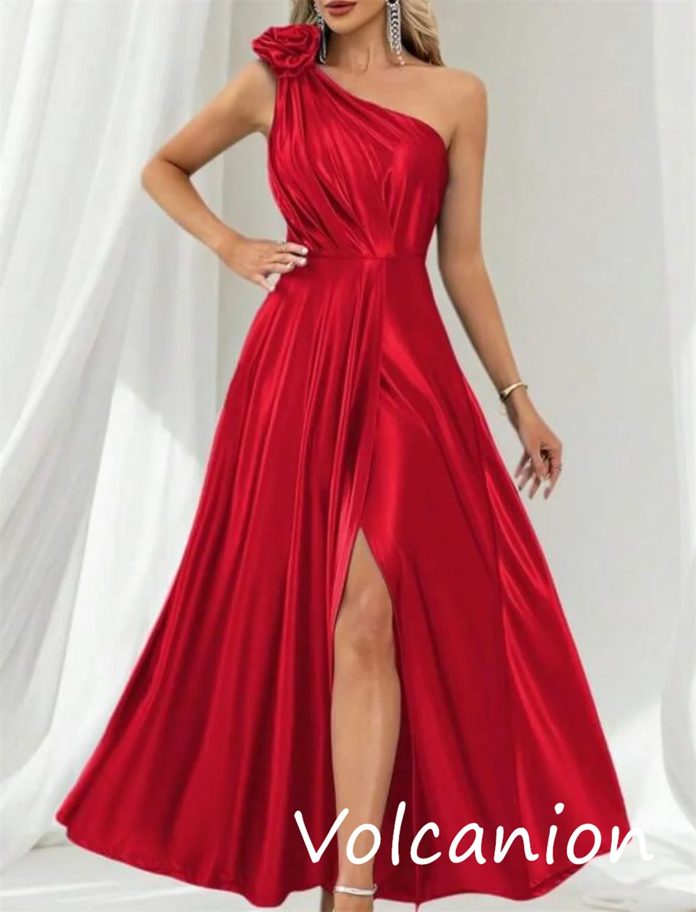 Abiti midi monospalla a trapezio con pieghe a fiori in charmeuse di moda formale personalizzati Occasioni su misura squisite