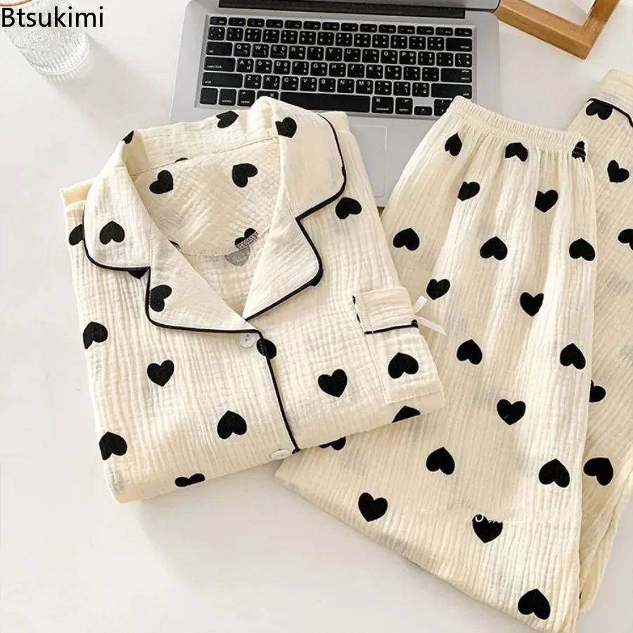 Women's Love Print Pure Cotton Pajamas Set Summer Short Sleeve Top and Long Pants Sleepwear 3PCS for Women Home Casual Pajamas