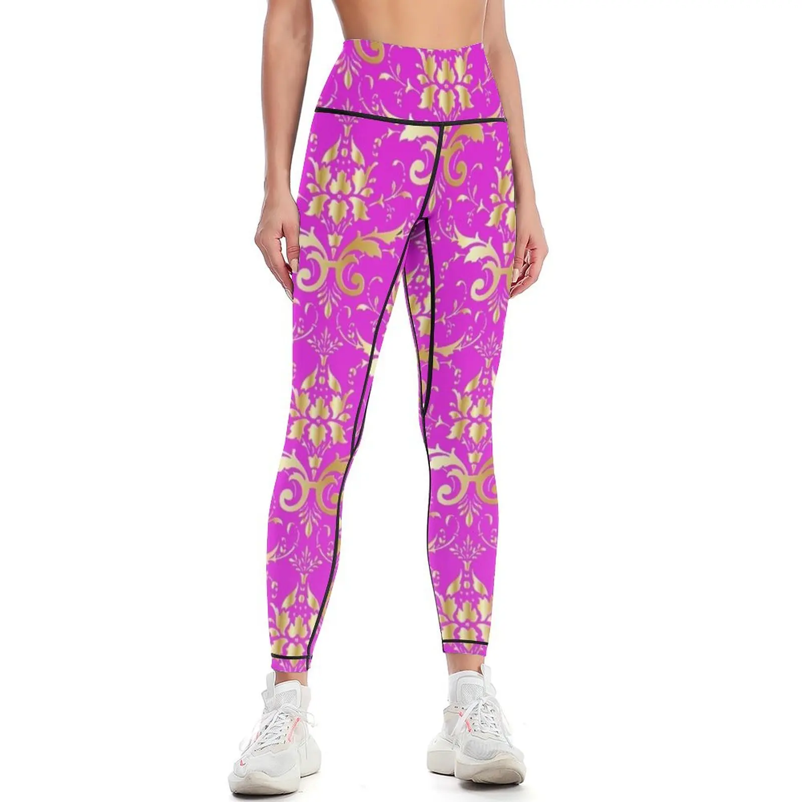 

Gold damask pattern on hot pink Leggings push up legging trousers gym clothing Womens Leggings