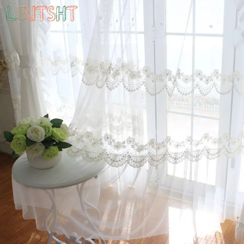 

Korean-style Curtains for Living Room Bedroom Bedroom Lace Beading Embroidery Princess Room Splicing White tulle Window Screen