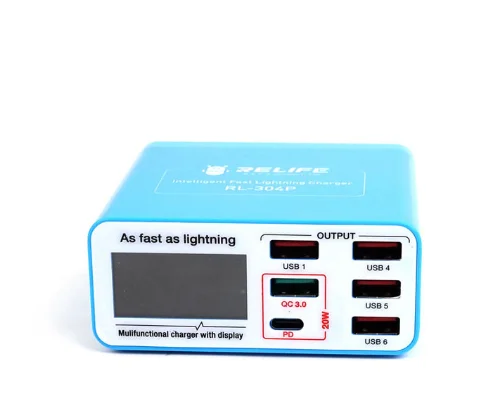 RELIFE RL-304P PD3.0+QC3.0 Smart 6 Port USB Digital Display Charger   Charger for Android Phone Tablets Fast Charger