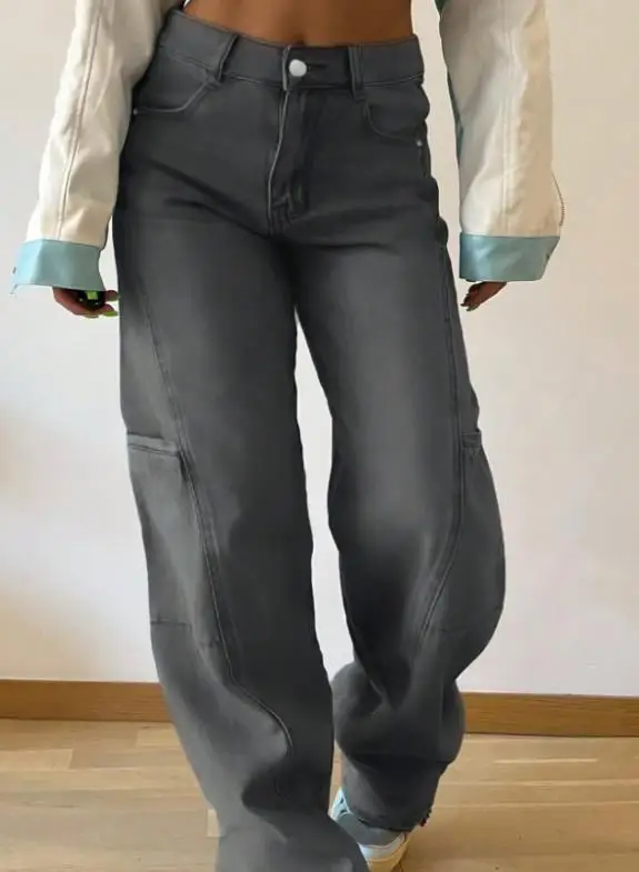 ربيع/صيف 2025 جينز نسائي فضفاض مستقيم الساق موضة عصرية نمط الشارع وصل حديثًا فضفاض مناسب كلاسيكي أزرق دينم #1