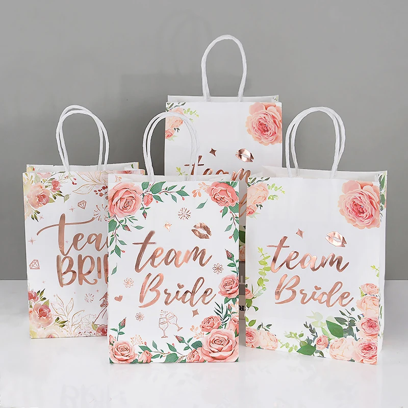 

5/10pcs Flower Design Team Bride Kraft Paper Gift Bag with Handle Wedding Bridal Shower Bachelorotte Hen's Party Favors Bag