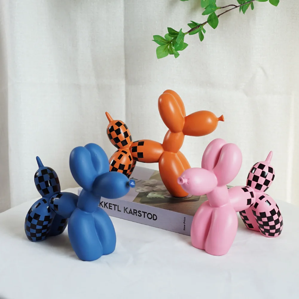 Creative Black  White Checkerboard Patterned Balloon Dog Statue Resin Sculpture Ornament Home Decoration Crafts Animal Figure
