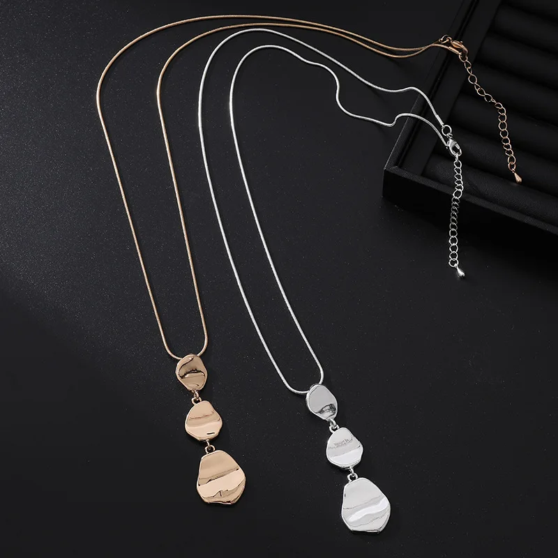 Tiered Irregular Metal Pendant Necklace Sleek Snake Chain Triple Drop Charms Minimalist Statement Earring Matching Jewelry