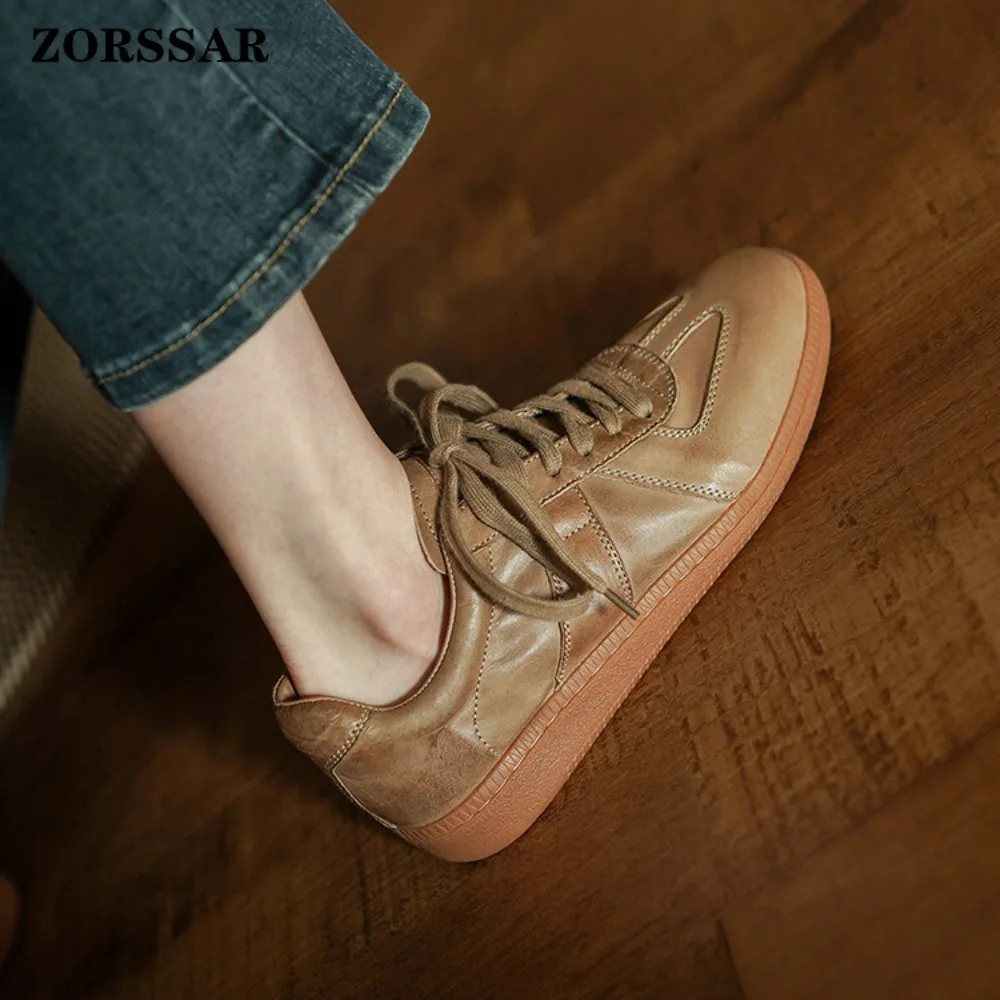 Womens Classic Leather Sneakers Minimalist Low-Top White Shoes with Gum Sole Casual Retro German Trainer Style for Daily Commute - view 6