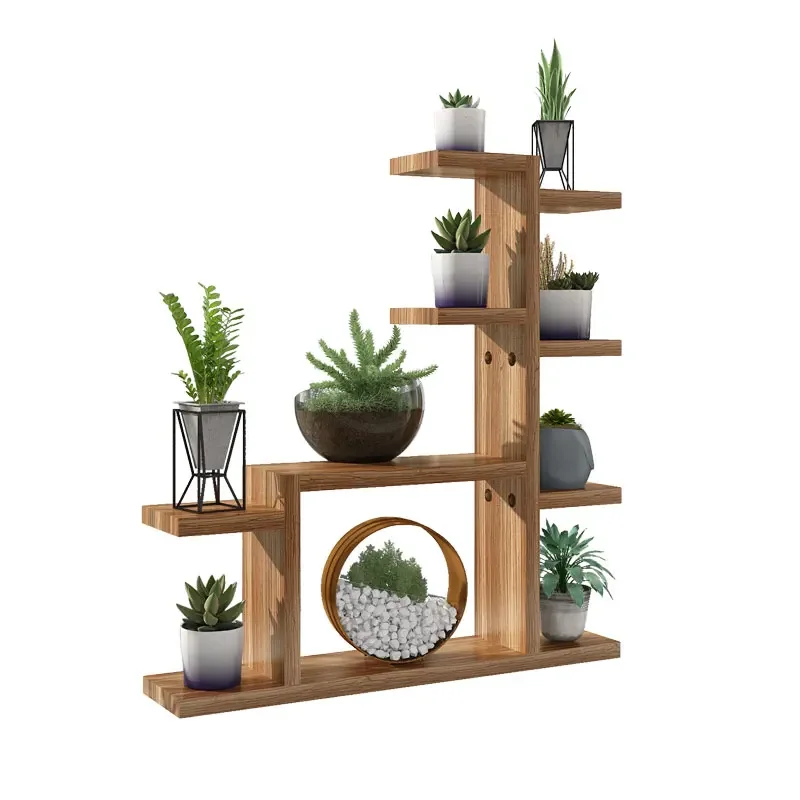 Solid Wood Mini Plant Stand Carbonized Anti-corrosion Indoor Flower Shelf Compact Office Plant Display Decorative Wood Rack