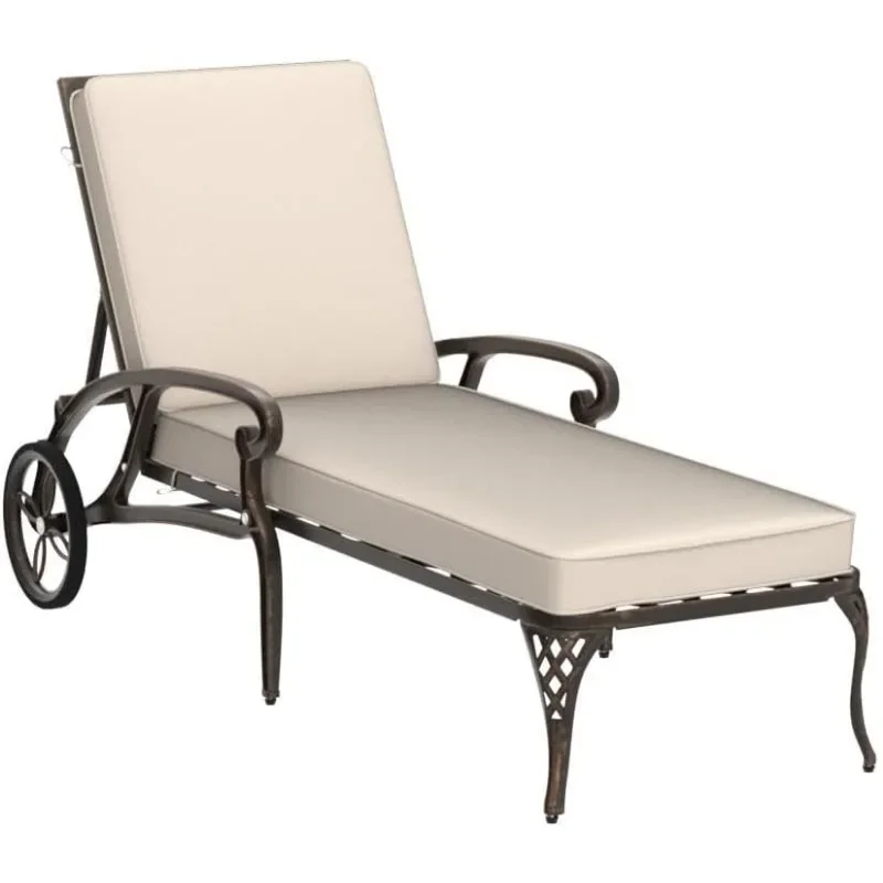 Cast Aluminum Outdoor Chaise Lounge Chair with Wheels, Patio Chaise Lounge with 3-Position Adjustable Backrest, Outdoor Tanning