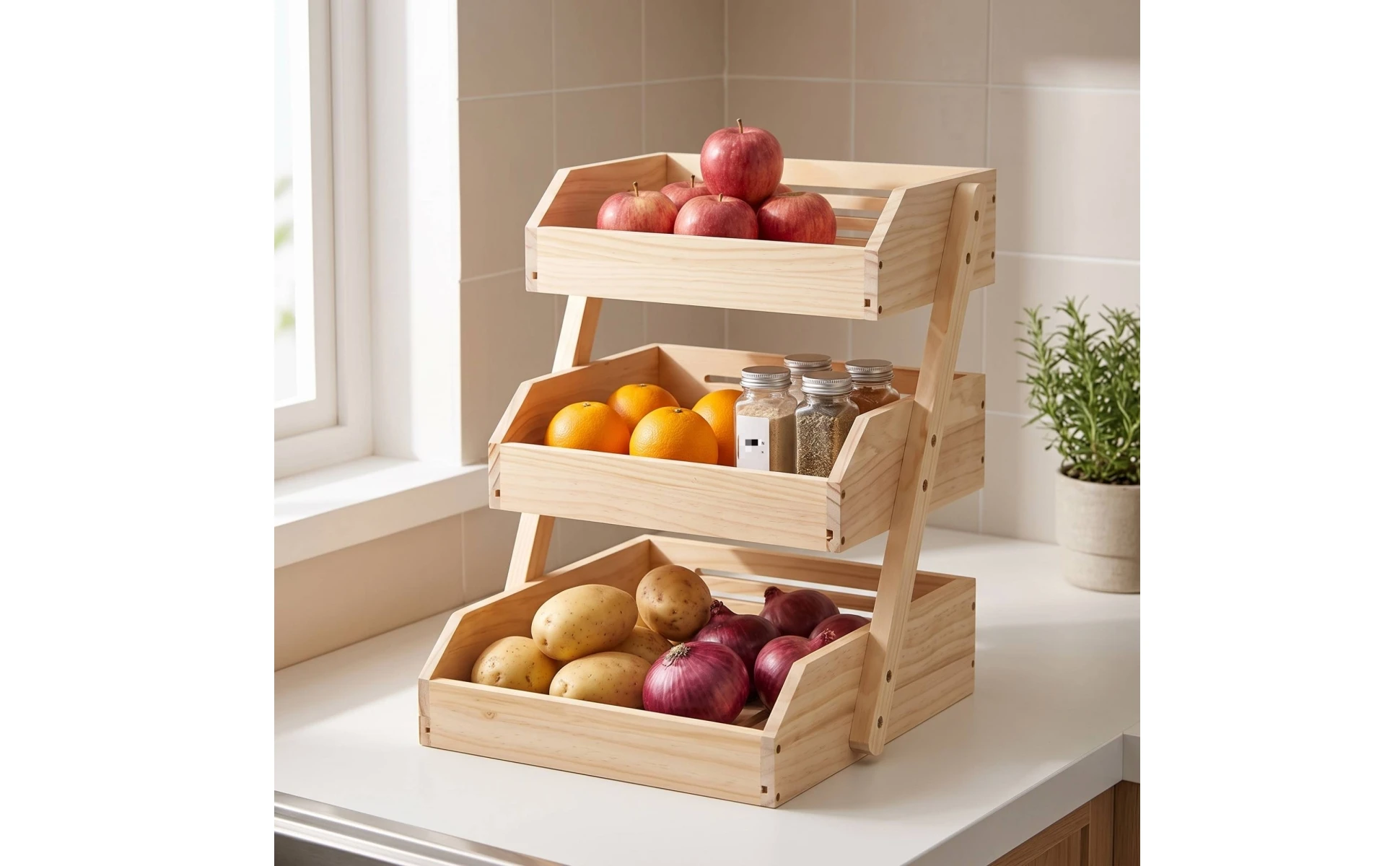 Kitchen Countertop Organizer Ventilated Kitchen Rack with Trays Wooden Storage Rack Open-Front Countertop Organizer Space-Saving