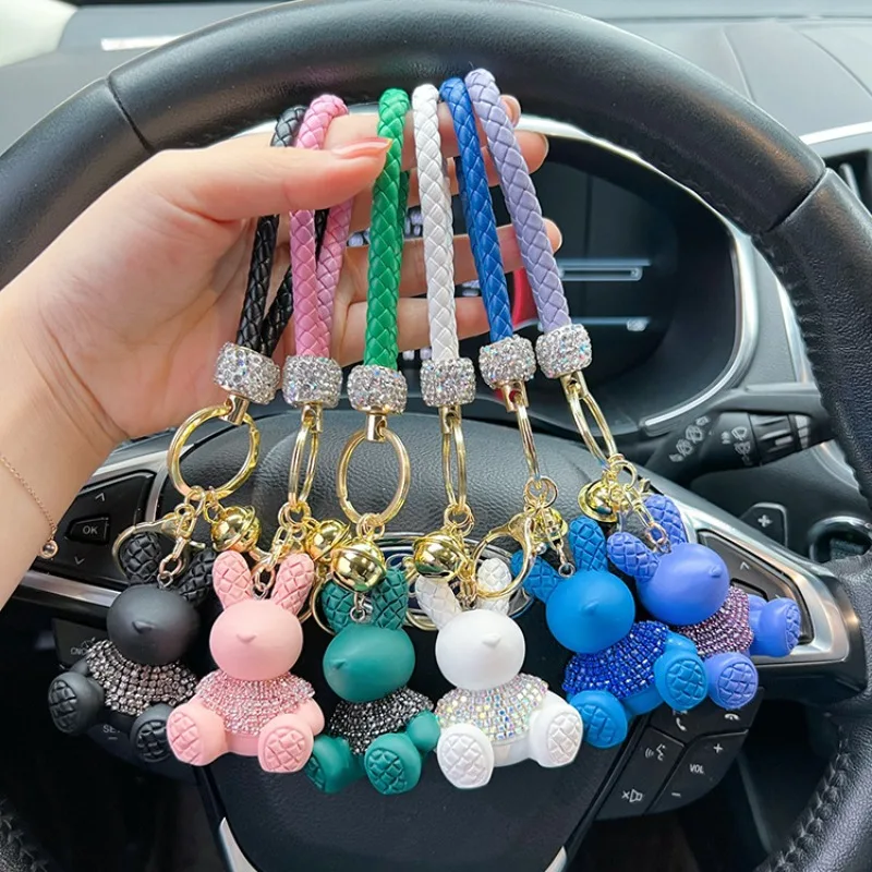 Cute Cartoon Diamond Studded Rabbit Car Keychain, Fashionable Woven Rope Keychain, Couple Bag Pendant Small Gift