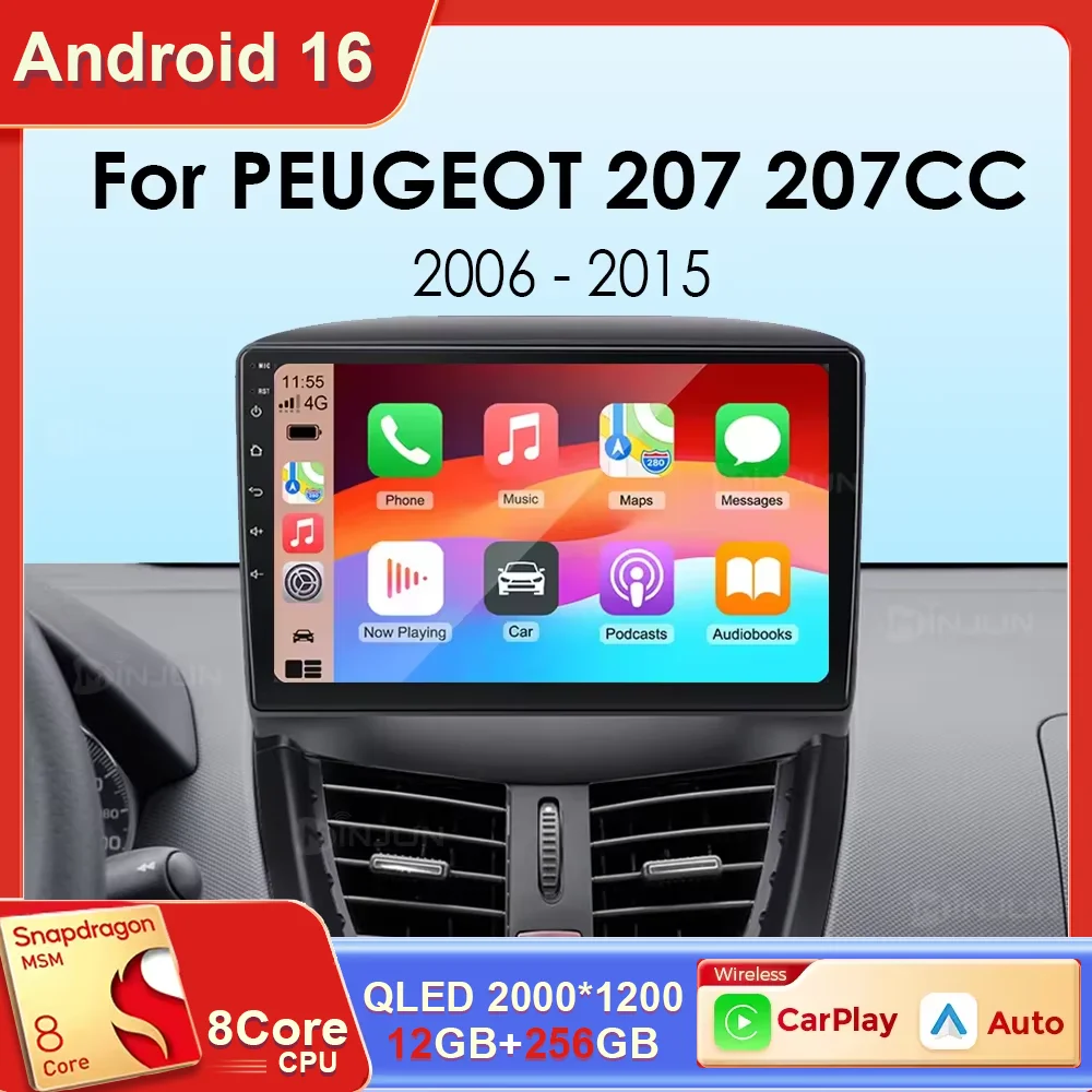 Radio Multimedia con GPS para Auto, Android 16, CarPlay Inalámbrico y Android Auto, para PEUGEOT 207 207CC 2006 2007 2008 2009 2010-2015