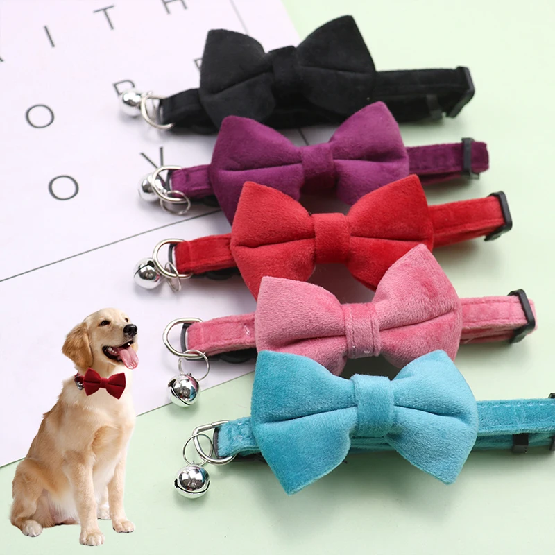 Adjustable Soft Velvet Elastic Bowknot Candy Color Cat Collar Buckle Gatos Bow Tie Small Dog Soft Pet Collar With Bell YZL25