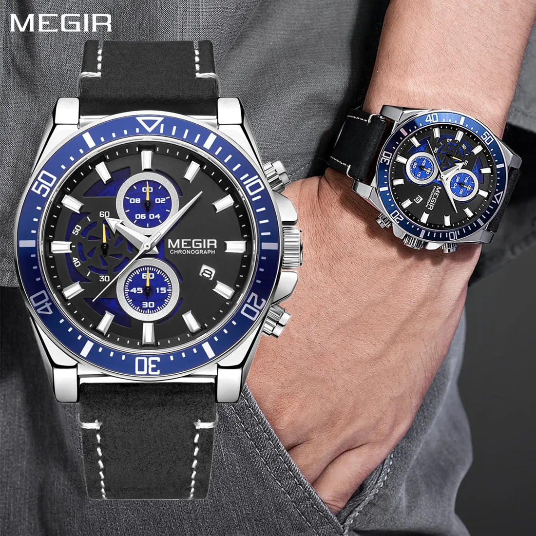 

MEIGR Casual Sport Watches for Men Top Brand Luxury Military Leather Wrist Watch Man Clock Fashion Chronograph Wristwatch