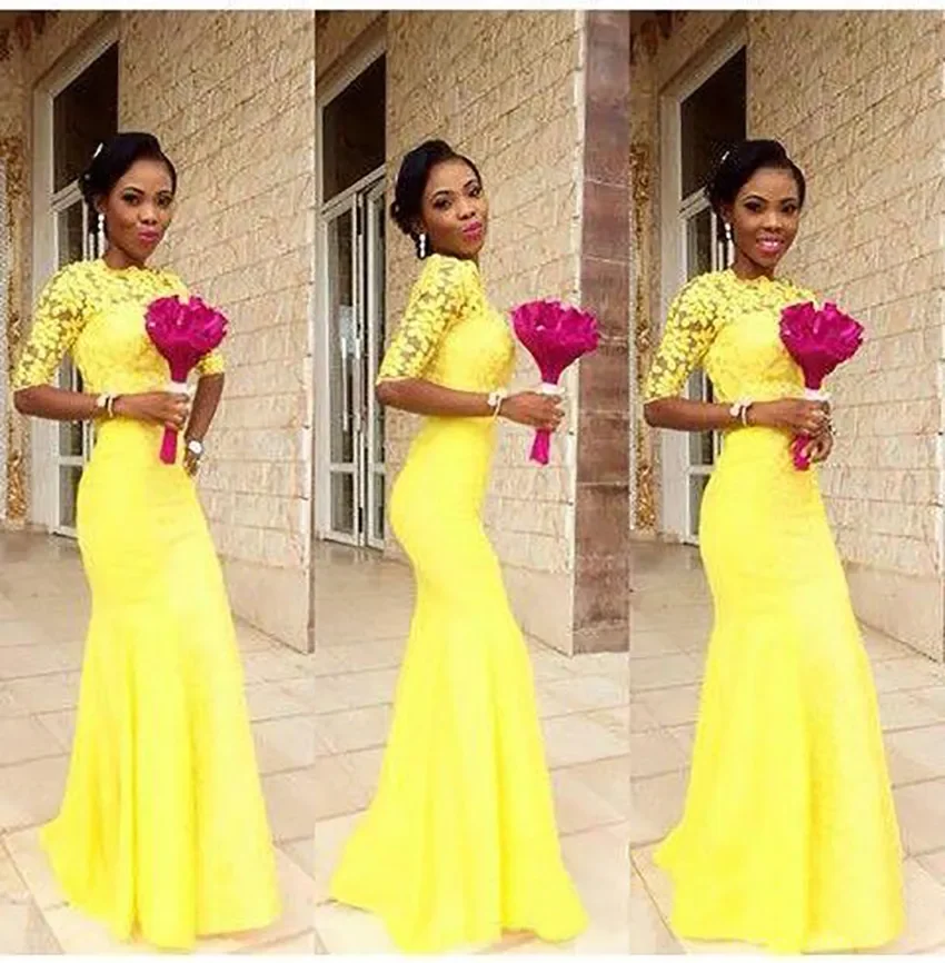 

Africa Yellow Bridesmaid Dresses Elegant Fashion Half Sleeves Jewel Neck Mermaid Wedding Party Dresses Appliqued Long Prom Gowns