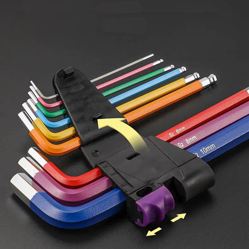 9pcs Industrial Ball End Hex Key Set Heavy Duty Color Coded Allen Wrench For Car & Machinery Torque Wrench Hand Repair Tool Kit