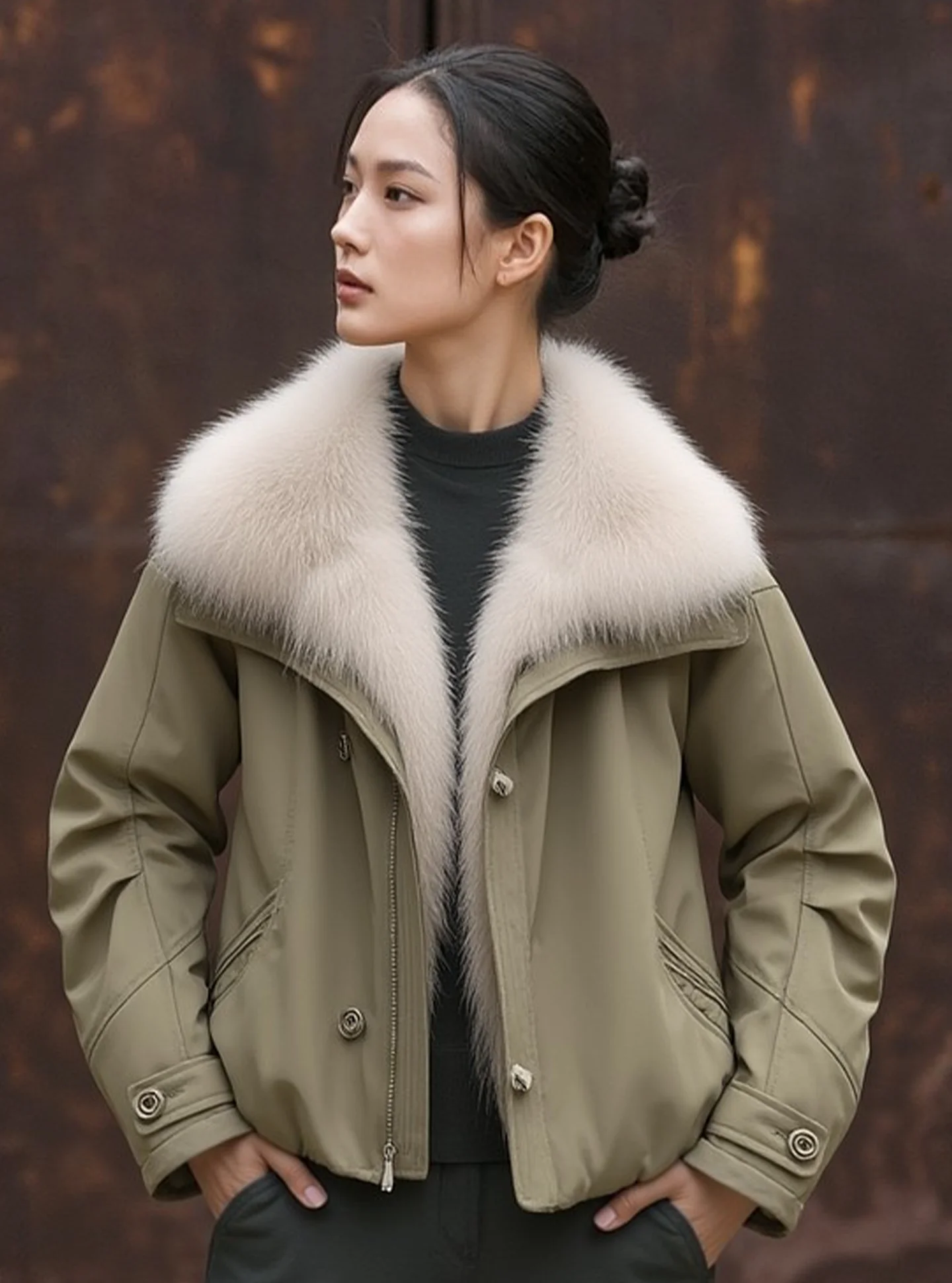 เสื้อแจ็คเก็ตดาวน์สำหรับผู้หญิง รุ่นทหาร สำหรับฤดูหนาว เสื้อคลุมลำลอง ทรงปกติ สีขาว ไส้ขนเป็ด