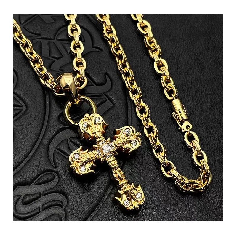 

New Diamond-encrusted Medium Flame Cross Necklace Thai Silver Gold-plated High-end Autumn/winter Sweater Chain