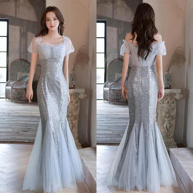 

It's Yiiya Boat Neck Sequins Short Sleeves Pleat Mermaid Floor-Length Zipper Back Silver Formal Dress Dress Woman Party A2894