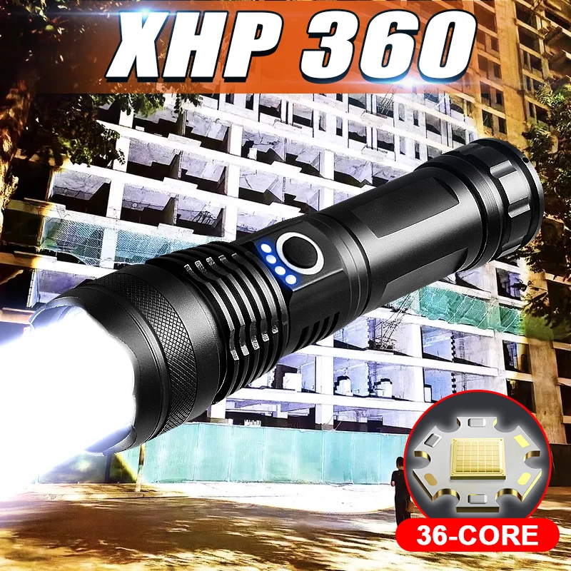 XHP360 LED Flashlight Ultra Powerful Torch IPX6 Waterproof Lantern Wide Range Super Bright Flashlights For Outdoor Camping Lamp