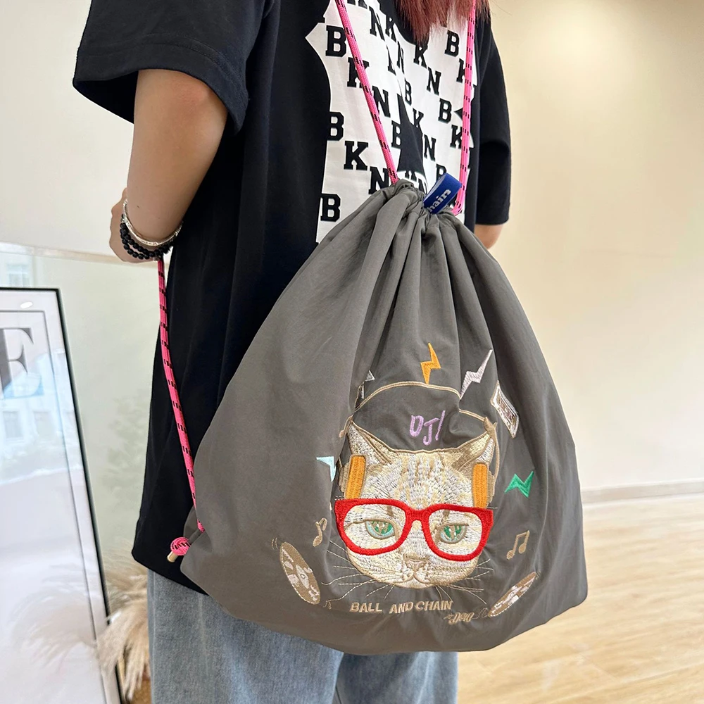 Hawaiian Embroidery Drawstring Bag Nylon Designer Backpack Cat Shoulder Bags for Women Large Capacity Travel Bags Female Hobo