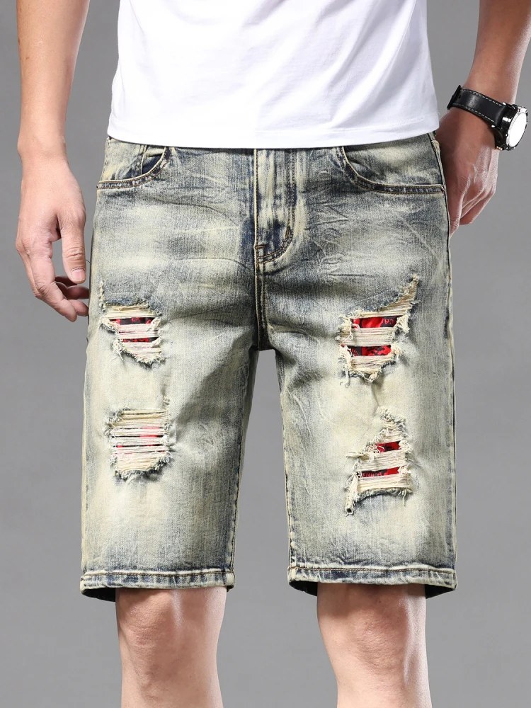 

Джинсовые orts в стиле ретро American Yellow Earth Beggar Hole, мужские новые летние трендовые брендовые эластичные средние брюки с пятью точками, хлопковые брюки...