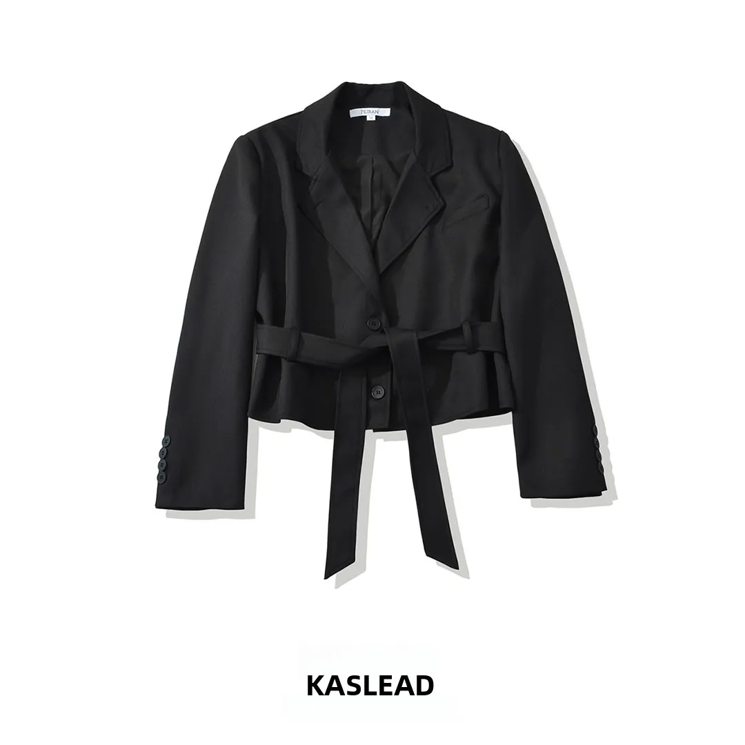 KASLEAD Fashionable Short Coat for Women with Belt And Turn-down Collar High Waist Design Polyester Fiber Long Sleeve Jacket