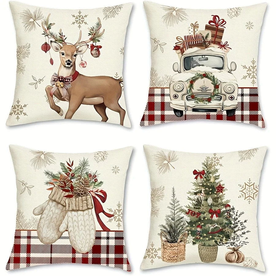 4pcs Christmas Pillow Covers ,Reindeer, Tree,Truck & Mittens in Red, Winter Holiday Outdoor Decor for Sofa, Living Room & Office
