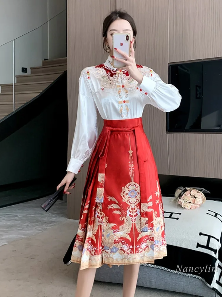 New Chinese Style Improved Horse-Face Skirt Suit Two Piece Set Women\'s Spring Summer Outfits New Long Sleeve Shirt Hanfu Skirt