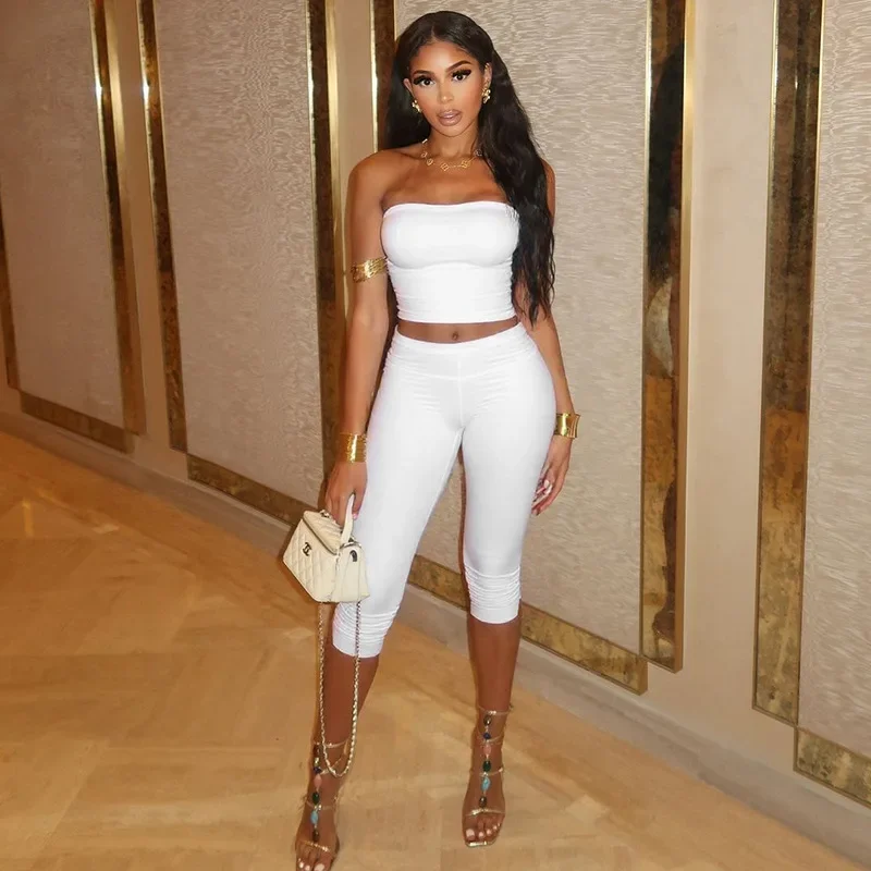 J25ST083 estilo Primavera Verano mujer Top de tubo de Color puro vientre Baring cintura elástica Split siete conjunto abierto transfronterizo