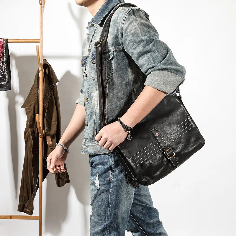 Fashion casual genuine leather men's messenger bag outdoor designer luxury real cowhide large capacity work black shoulder bag