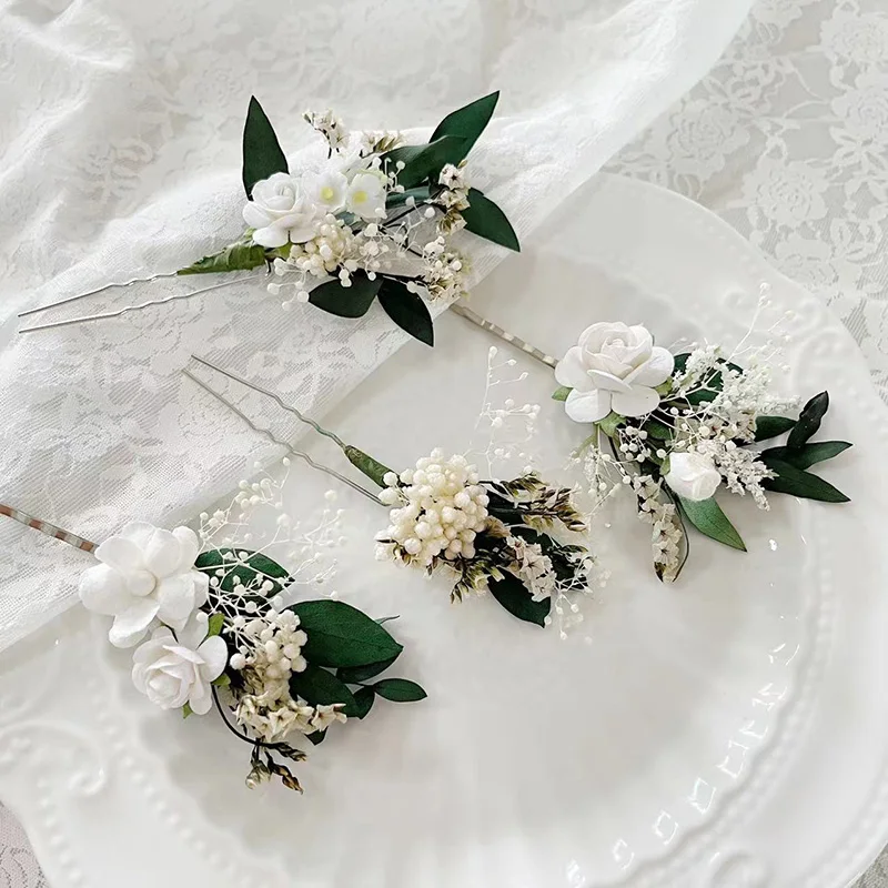 Dried Baby's Breath Greenery Bridal flower hair pins wedding headpiece with White roses