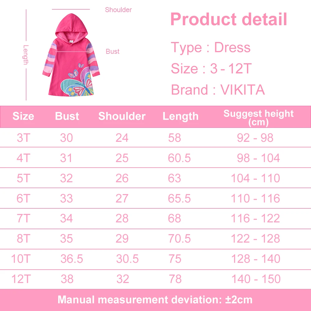 فستان VIKITA للفتيات باللون الوردي بغطاء للرأس للأطفال مخطط من القطن المستقيم فساتين يومية غير رسمية للأطفال فستان رياضي مطبوع عليه فراشات لامعة