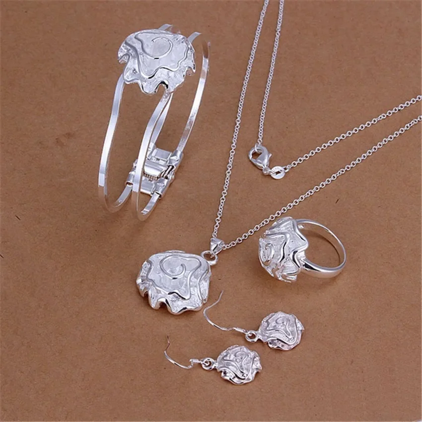 Special offer 925 sterling silver rings rose flower pendant bangle Bracelets necklace earring drop Fashion Jewelry set for women